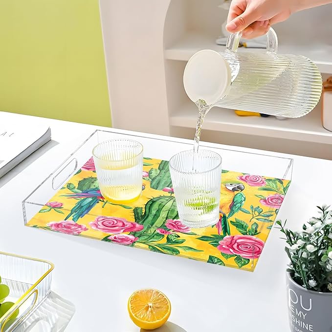 Serving Tray with Handles Clear Acrylic Tray 12x16 Inch Decorative Rectangular Tray Organizer for Ottoman Coffee Table Bathroom Yellow Cute Cacti Parrots and Roses