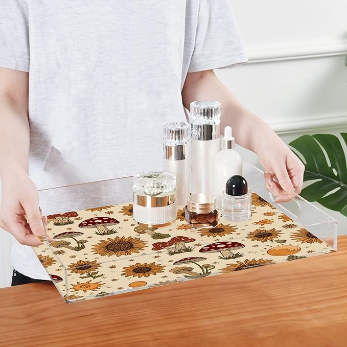 Serving Tray with Handles Clear Acrylic Tray 12x16 Inch Decorative Rectangular Tray Organizer for Ottoman Coffee Table Bathroom Autumn Mushrooms Sunflower Yellow