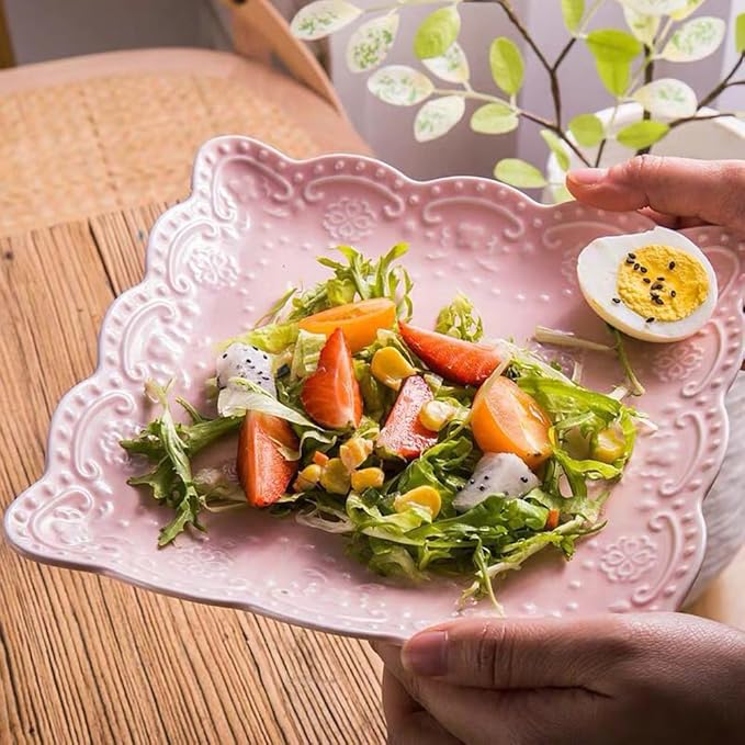 Eplze YBK Tech Elegant Square Embossed Lace Plate Bone China Dessert Plate Ceramic Plate for Breakfast Afternoon Tea (Pink, 10-inch)