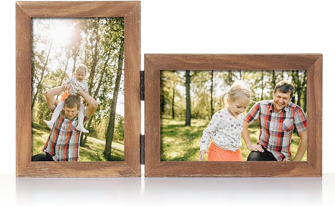4x6 Double Hinged Picture Frame Folding Photo Frame Vertical and Horizontal in Distressed Farmhouse Wood Grain Pine Wood with Real Glass for Tabletop P-MU-SH46