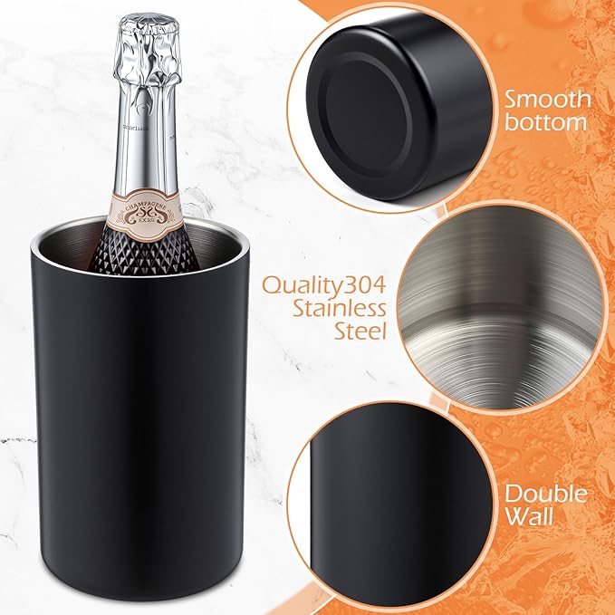 6 Pack Wine Chiller Bucket Wine Bottles Cooler Bulk, Stainless Steel Double Wall Insulated Champagne Ice Bucket for Parties,Fits for 750 ml Bottles(Black)