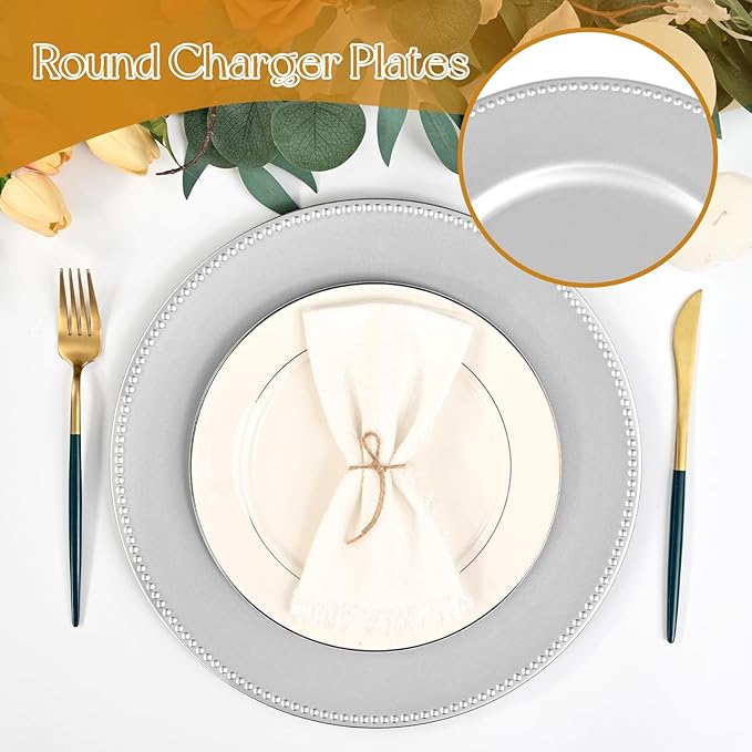 fani 50 Pcs Silver Charger Plates Bulk, 13'' Round Beaded Dinner Charger Plates, Plastic Reusable Vintage Table Decoration for Wedding, Party, Reception, Event, Holiday Supplies
