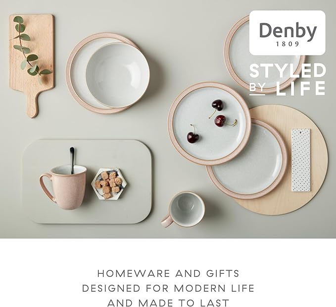 Denby - Elements Sorbet Pink Dinner Set For 1-4 Piece Ceramic Tableware - Dishwasher Microwave Safe Crockery Single Place Setting - 1 x Dinner Plate, 1 x Small Plate, 1 x Cereal Bowl, 1 x Coffee Mug