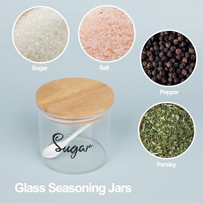 HAOTOP Clear Glass Condiment Pots with Spoon Wooden Lid and Silicone Sealing, Farmhouse Container Jar Dispenser Holder for Home Kitchen,12 oz Labeled Sugar
