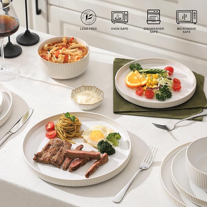 Frewinky Ceramic Dinnerware Sets for 8, Round Reactive Glaze Porcelain Plates and Bowls Sets, Scratch Resistant Modern Dishes Set, Dishwasher & Microwave Safe, Service for 8-White