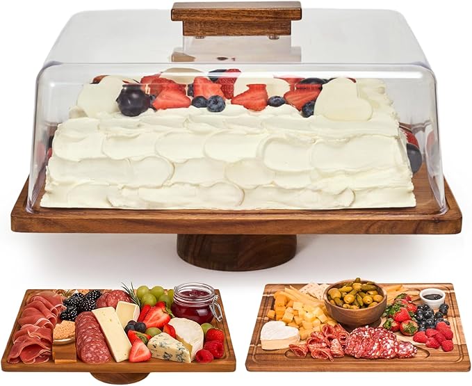 Acacia Wood Cake Stand with Lid –2-in-1 Rectangular Charcuterie Board & Dessert Display, Shatterproof Acrylic Dome Cover for Freshness, Serving Platter for Parties, Weddings, Birthdays, Gifts