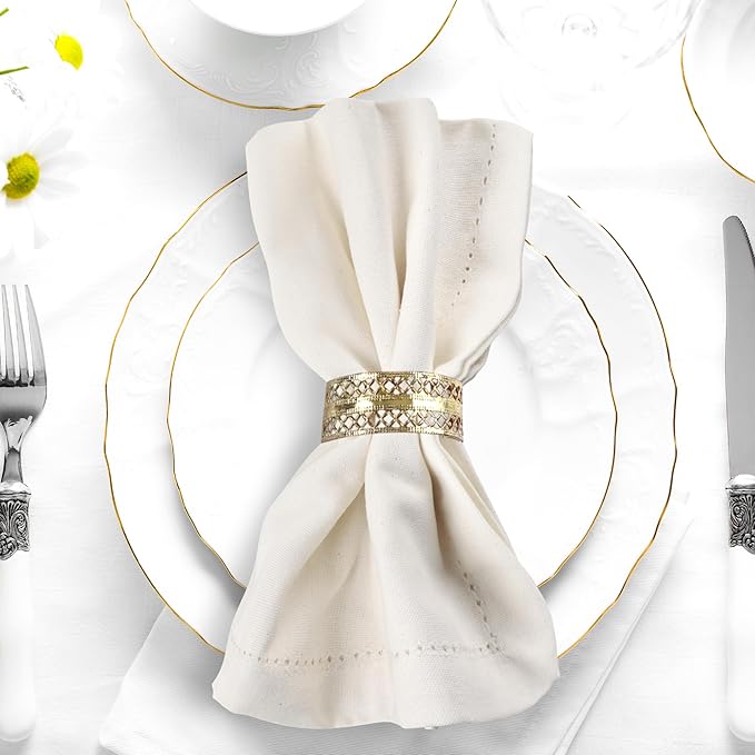 Urban Villa Cloth Napkins Ivory Hemstitch Dinner Napkins Set of 12 (20X20) 100% Cotton Absorbent Washable Durable Reusable Ideal for Hotel Collection Christmas Parties Restaurant Lunch Dinner Napkins