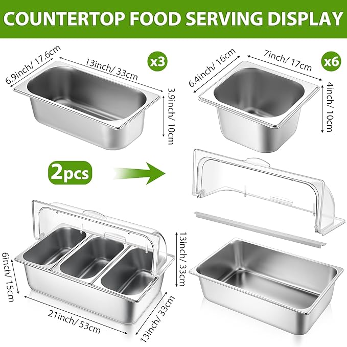 2 Pack Countertop Food Serving Display Container Stainless Steel Food Serving Tray Buffet Condiment Dispenser Display Rack with Clear Roll Top Cover for Buffet (3 Pan and 6 Pan)