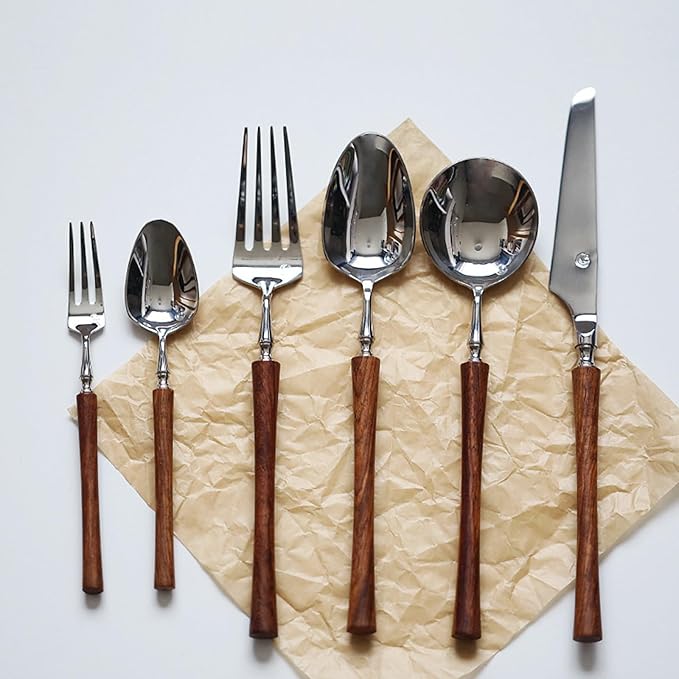 24 Piece Silverware Set Service for 4,Imitation Wooden Handle Steel Flatware Set Vintage Embossed Cutlery Utensil Set Home Kitchen Eating Tableware Set Include Fork Knife Spoon Set Dishwasher Safe
