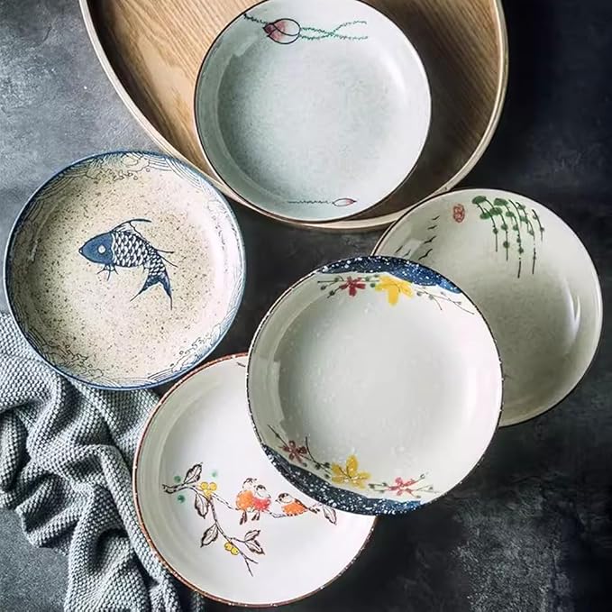 Kitchen Plates Japanese Retro Ceramic Plate Deep Plate Dinner Plate Home Restaurant Rice Bowl Soup Plate Japanese Tableware Restaurant Plates(4)