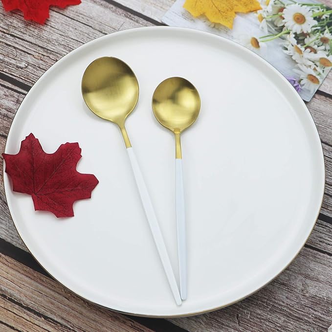 Gold Silverware Set JASHII 40 Pieces Matte Flatware Set 304 Stainless Steel Flat Cutlery Set for 8 White Handle Forks Knife Spoons Set, Satin Finish Tableware Set for Home Restaurant Dishwasher Safe
