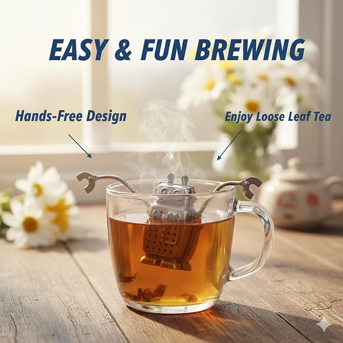 Robot Tea Infuser for Loose Leaf Tea, Cute Stainless Steel Tea Strainer & Steeper, Fine Mesh Tea Ball Filter with Arms to Hang on Mug, Fun Novelty Kitchen Gadget & Gift for Tea Lovers (Robot)