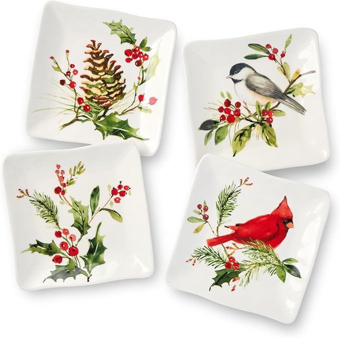 Holly and Vines Christmas Canape Plates Set of 4 – Stoneware Holiday Appetizer Plates with Birds, Berries & Pinecones, Artist-Designed Winter Tableware for Entertaining & Gifting