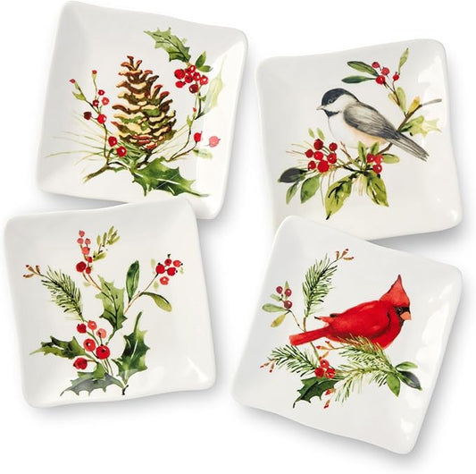 Holly and Vines Christmas Canape Plates Set of 4 – Stoneware Holiday Appetizer Plates with Birds, Berries & Pinecones, Artist-Designed Winter Tableware for Entertaining & Gifting