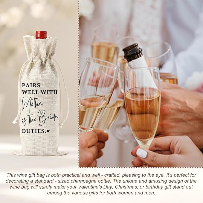Mother of The Bride Gifts, Wedding Wine Bag, Bridal Shower Gift, Wedding Engagement Gifts for Mom Mother, Burlap Bottle Bags With Drawstring for Weddings Event Party Dinner Bachelorette Party