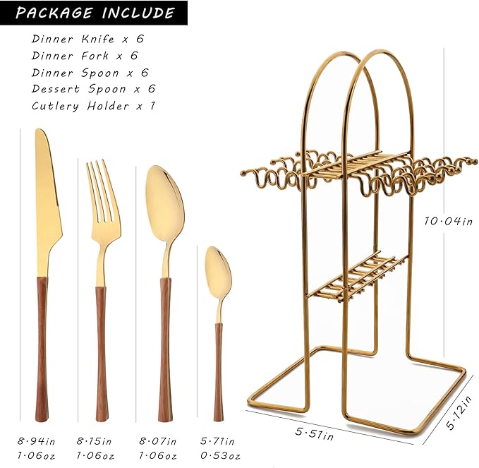 25 PCS Silverware Set with Storage Holder - Family Flatware Set Service for 6 - Gold Stainless Steel Cutlery Set with Wood Grain Handle - Tableware Utensils Set with Hanging Rack - Mirror Polished