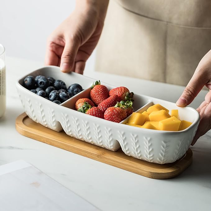 3 Compartment Condiment Tray, Chip and Dip Bowl with Wooden Serving Tray, Perfect for Snacks, Appetizers, Charcuterie, Chips, Candy, 10-inch Chip and Dip Serving Set for Parties