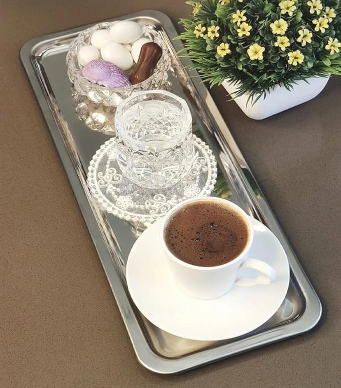 Elegant Stainless Steel Rectangular Serving Tray, Mirror Finish Coffee Tea Platter, Silver, 13 x 5.12 Inch, for Cafe, Home Desserts Long Metal Plate for Café, Home, Gift Bahtroom Tray