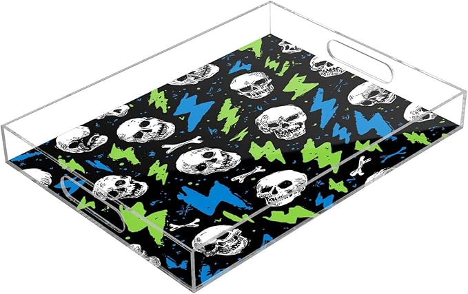 Serving Tray with Handles Clear Acrylic Tray 12x16 Inch Decorative Rectangular Tray Organizer for Ottoman Coffee Table Bathroom Skull Lightning Colorful