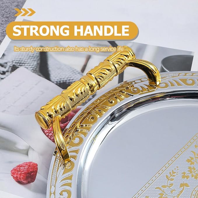 European Style Stainless Steel Serving Tray Vintage Oval Food Storage Tray for Snacks Fruits Desserts Reusable Easy to Clean for Home Restaurant Use Silver Gold Edge