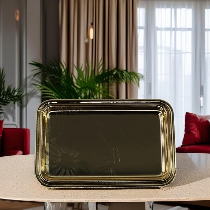 (Pack of 4) 7 inch x 4.7 inch Rectangular Iron Gold Plated Mirror Serving Tray Floral Engraved Decorative Party Birthday Wedding Buffet Wine Decor Platter Plate Base Dish CC-1155