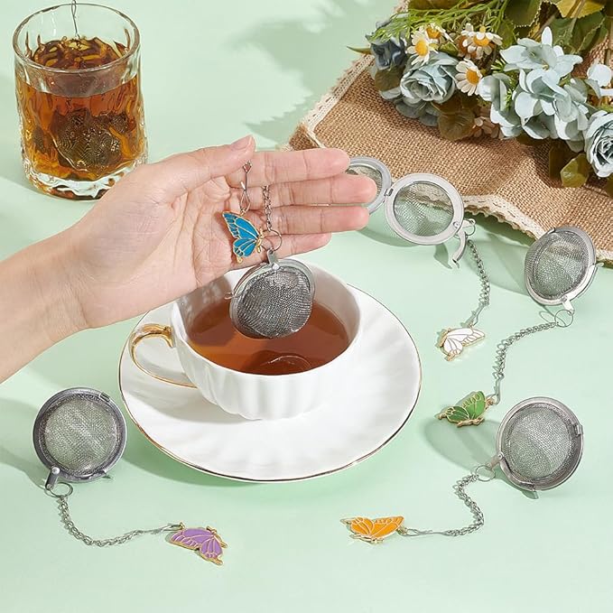 UNICRAFTALE 5pcs Round Stainless Steel Mesh Tea Infusers Round Tea Strainer with Butterfly Pendant Loose Tea Holder Tea Mesh Strainer Tea Filters for Brew Tea Spices Seasonin
