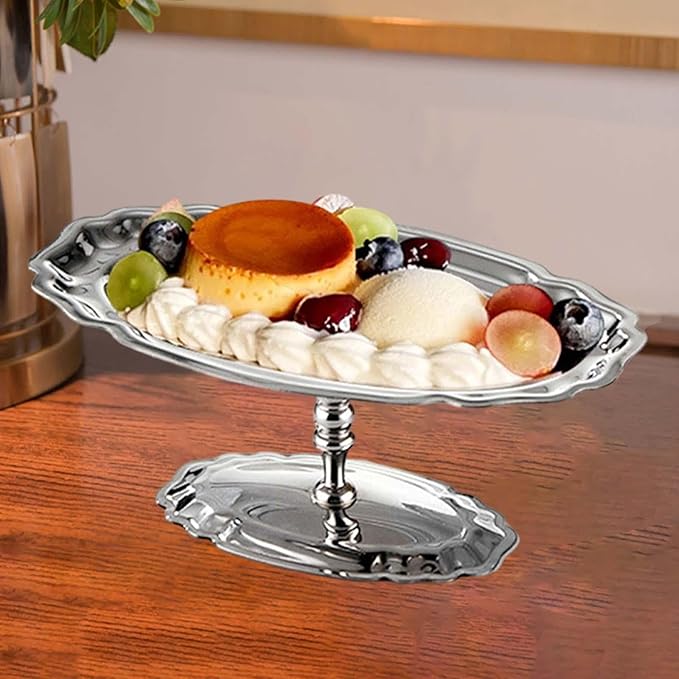 Footed Serving Tray for Ice Cream and Fruit with Dessert Cup Bowl, Silver