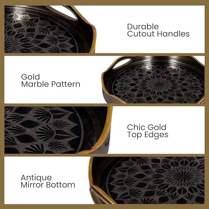 Round Serving Tray with with Handles Antique Look & Stylish Design Decorative Trays for Kitchen Round Ottoman Tray for Dinning Living Room & Home Decor Pack of 2 (Silver-Gold)