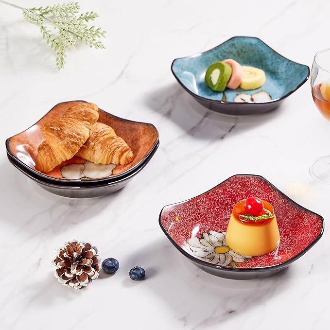 Porcelain Square Dessert Salad Pasta Plates 6.7 inches ceramic plates set of 4 Stackable Dinner Plates for Steak, Pasta, Salad,Dessert，Microwave and Dishwasher Safe (4 colors, 6.7 Inch)