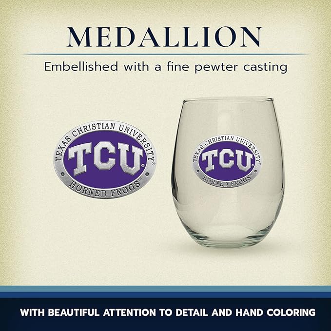 Heritage Pewter TCU Horned Frogs Stemless Glass Goblets – Set of 2 | 15 OZ Goblet Wine Glasses | Expertly Crafted Pewter Glass