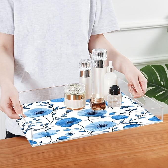 Serving Tray with Handles Clear Acrylic Tray 12x16 Inch Decorative Rectangular Tray Organizer for Ottoman Coffee Table Bathroom Blue Poppy Flowers and Branches