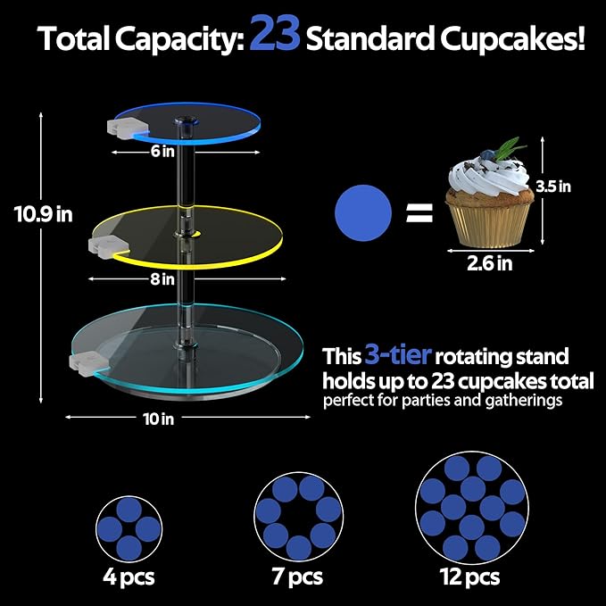 3-Tier Rotating Cupcake Stand with LED Lights - 360° Spinning Display Tower for Desserts, Cakes & Pastries - Rechargeable 7-Color Changing Serving Tray for Weddings, Parties & Festive Gatherings (Round Clear Acrylic)