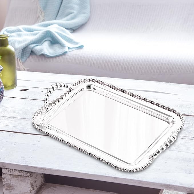 Generic Elegant Serving Tray Set with Handles for Home and Office Use, Silver, 42cmx28cm