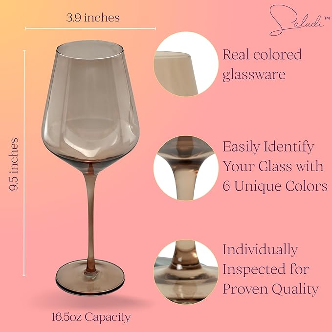 Saludi Original Smokey Sand Wine Glasses, 16.5oz (Set of 6) Stemmed Single Color Smoky Amber Brown Neutral Glass - Great for All Wine Types and Occasions or Gifts - Luxury, Durable, Hand-Blown