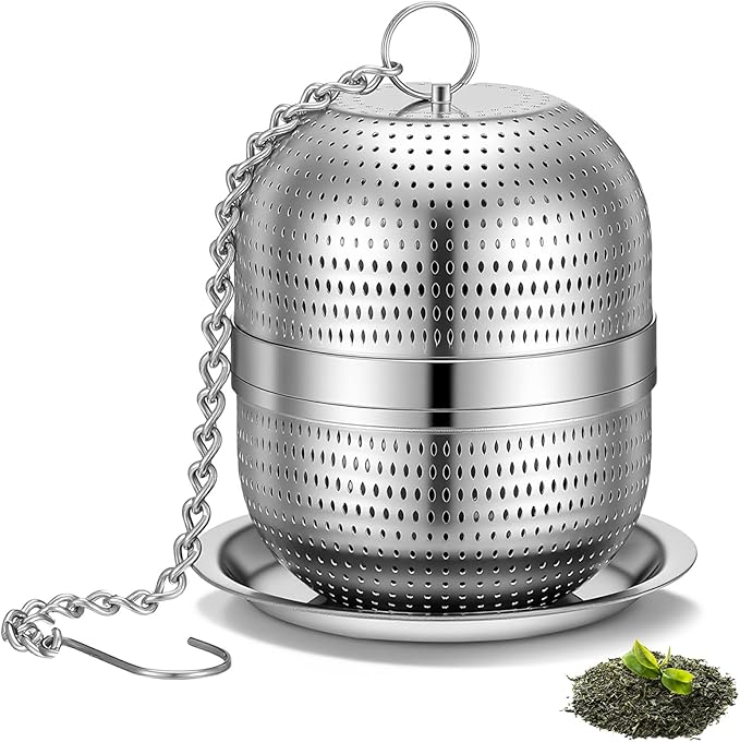 Tea Ball Infuser for Loose Tea, Stainless Steel Mesh Loose Leaf Steeper Diffuser with Drip Tray, Extra Fine Mesh Tea Strainer with Chain Hook and Threaded Lid for Black Tea, Rooibos, etc
