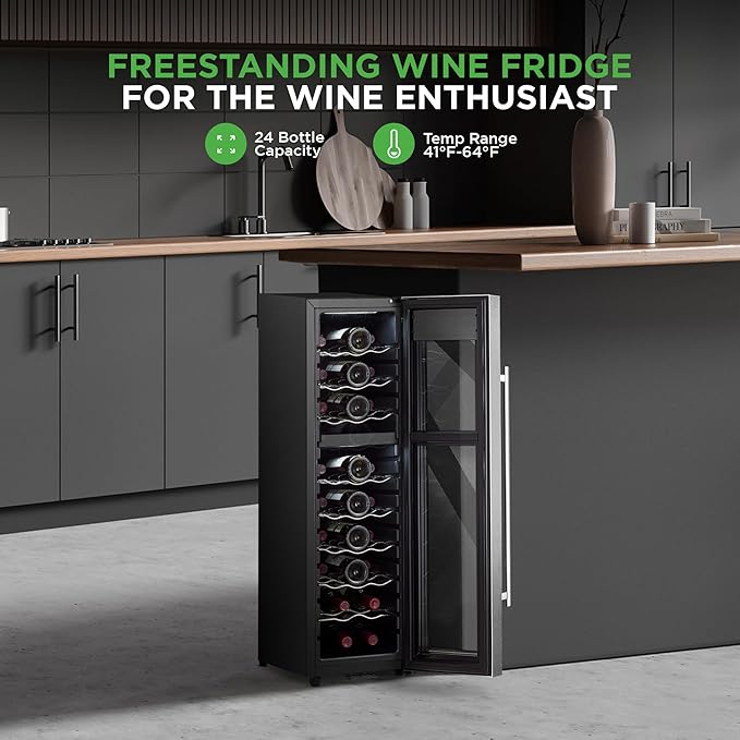Nutrichef 24 Bottle Wine Fridge | Dual Zone Wine Chiller | Adjustable Temperature 41°F to 64°F | Ultra Quiet Operation | Wine Cooler For Home, & Office | Free Standing 39x11x23 IN (Black)