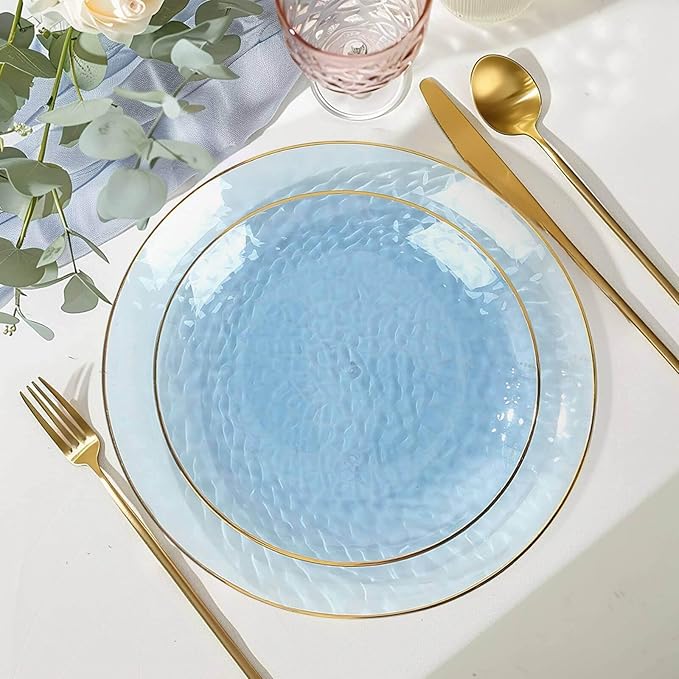 Efavormart 10 Pack | Transparent Dusty Blue Hammered 7" Round Plastic Dessert Appetizer Plates With Gold Rim, Disposable Salad Party Plate
