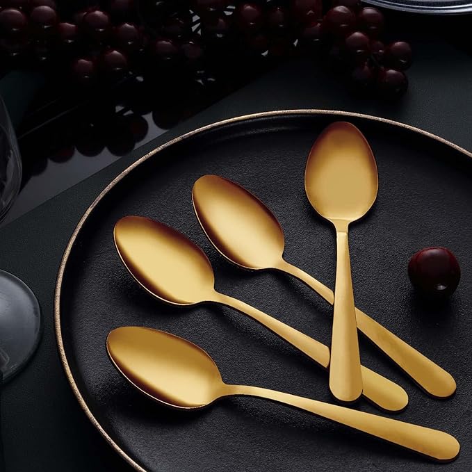 Unokit Dinner Spoons Set 24 Pieces (7.4 inch) - Stainless Steel silverware, Tablespoon, Silverware Spoons for Home, Kitchen or Restaurant - Mirror Polished, Dishwasher Safe - Gold
