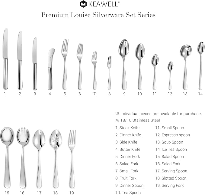 KEAWELL Premium 45-Piece Louise Silverware Set, 18/10 Stainless Steel, Service for 8, Fine Flatware Set, Smooth and Exceptional mirror finish, Dishwasher Safe (45)