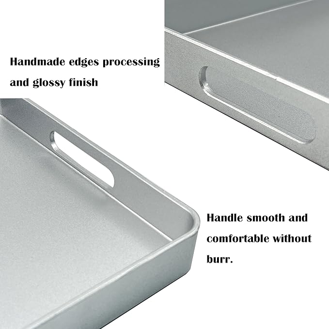 Serving Tray with Gold Trimming, Square Decorative Serving Trays with Handles, Coffee Table Tray Plastic Tray for Ottoman Living Room, Bathroom,Home Decor 13" L x 13" W x 1.57" H(Silver)