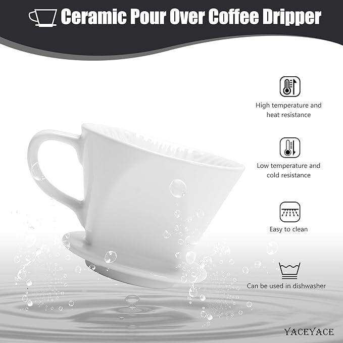 Pour Over Coffee Maker, Single White Ceramic Pour Over with 3 Holes, Medium Coffee Dripper for Shop, Home, Office and Bar