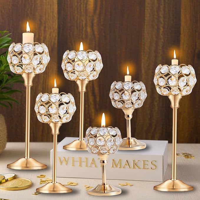 Crystal Metal Tealight Candlestick, Bling Bowl Candelabras, Tall Crystal Candle Holders Elegant Candle Centerpiece for Dining Table Wedding Home Mantel Decor(Golden, 4Sets(12 Pcs))