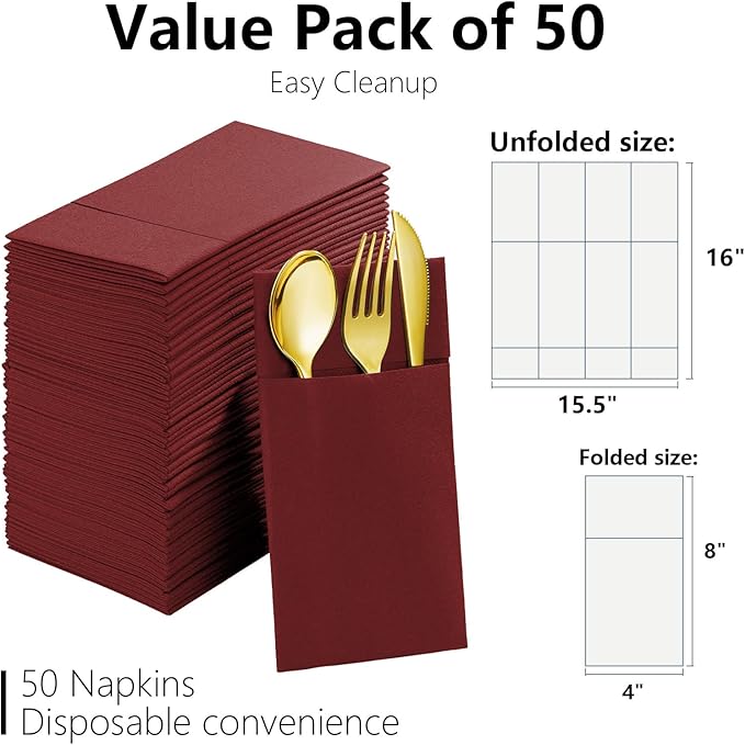 Burgundy Linen Feel Napkins with Flatware Pocket, 50 Pack Cloth Like Pre-Folded Napkins for Silverware, Guest Hand Towel for Dinner Party Wedding Decoration (16. x 15.5 inch)