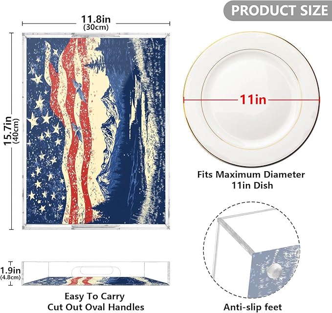 Serving Tray with Handles Clear Acrylic Tray 12x16 Inch Decorative Rectangular Tray Organizer for Ottoman Coffee Table Bathroom July 4th Flags Mountains Blue