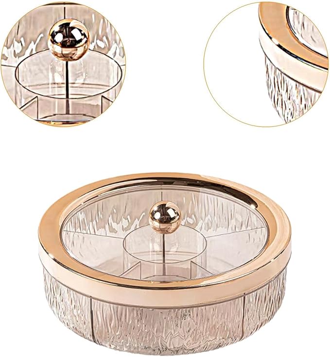 6-Compartment Divided Serving Tray, Appetizer Tray, Rotating Plate, Transparent Lid, Suitable Material for Family Gatherings, Rose Golden Ball