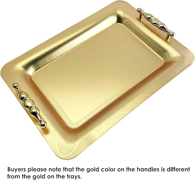(Pack of 2) 15.7 inch x 11 inch Oblong Chrome Iron Gold Plated Serving Tray with Handles Stylish Design Different Leaf Floral Engraved Edge Wedding Dessert Buffet Platter Plate NC-008