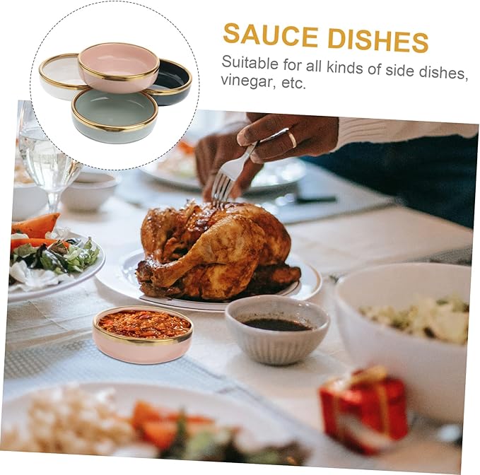 PRETYZOOM 4Pcs Ceramic Condiment Dishes Gold Trim Small Sauce Plates for Seasoning and Dipping Elegant Appetizer Bowls for Parties and Entertaining Random Color