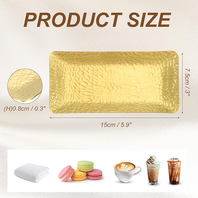 uxcell Decorative Tray, 5.9x3 Stainless Steel Rectangular Frosted Serving Tray with Hammer Pattern for Dessert Napkin Towel Candle Jewelry Bathroom Platter, Stackable, Gold