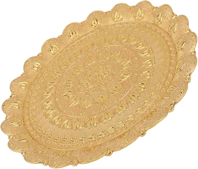 Turkish Tea Coffee Serving Tray, Vintage Style Round Metal Tray with Embossed Pattern, 13.8 Inch Decorative Coffee Plate for Bar Outdoor Dessert Gift (Gold)