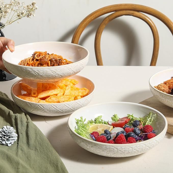 8 inch Pasta Bowls Set of 4, 22 Oz Ceramic Serving Bowls, Large Porcelain Embossed Soup Bowl, Serving Dishes for Pasta, Salad, Fruit, Oven & Dishwasher Safe, Housewarming Wedding Present
